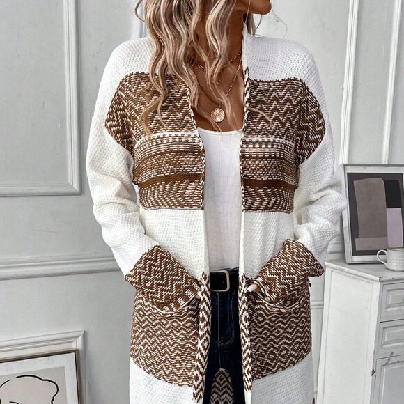 Multicolor Casual Womens Chevron Drop Shoulder Pocket Patched Duster Cardigan - Picture 2 of 5